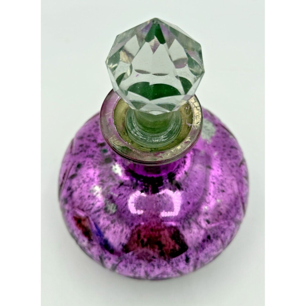 Pink Mercury Glass Globular Large Bottle Faceted Crystal Cut Stopper 8.5” Genie - Picture 2 of 13